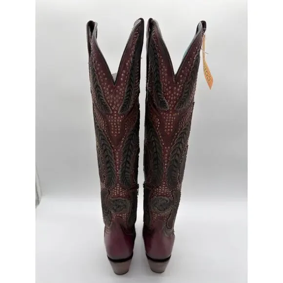 Corral Western Dark Pink Maroon Artisan Denim Embroidery OTK Stud Boot A4703 8